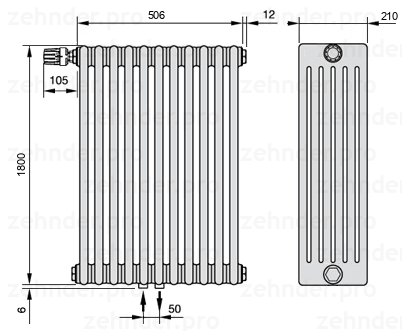 Схема (чертеж) Радиатор Zehnder Charleston 6180/11 №V007 Белый глянцевый RAL 9016